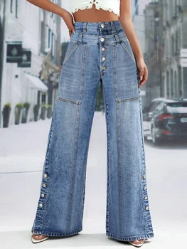 Women's Fashion Vintage Plus Size Wide Leg Jeans High Waist Button Fly Denim Trousers Pants Harajuku Pockets Autumn Jeans