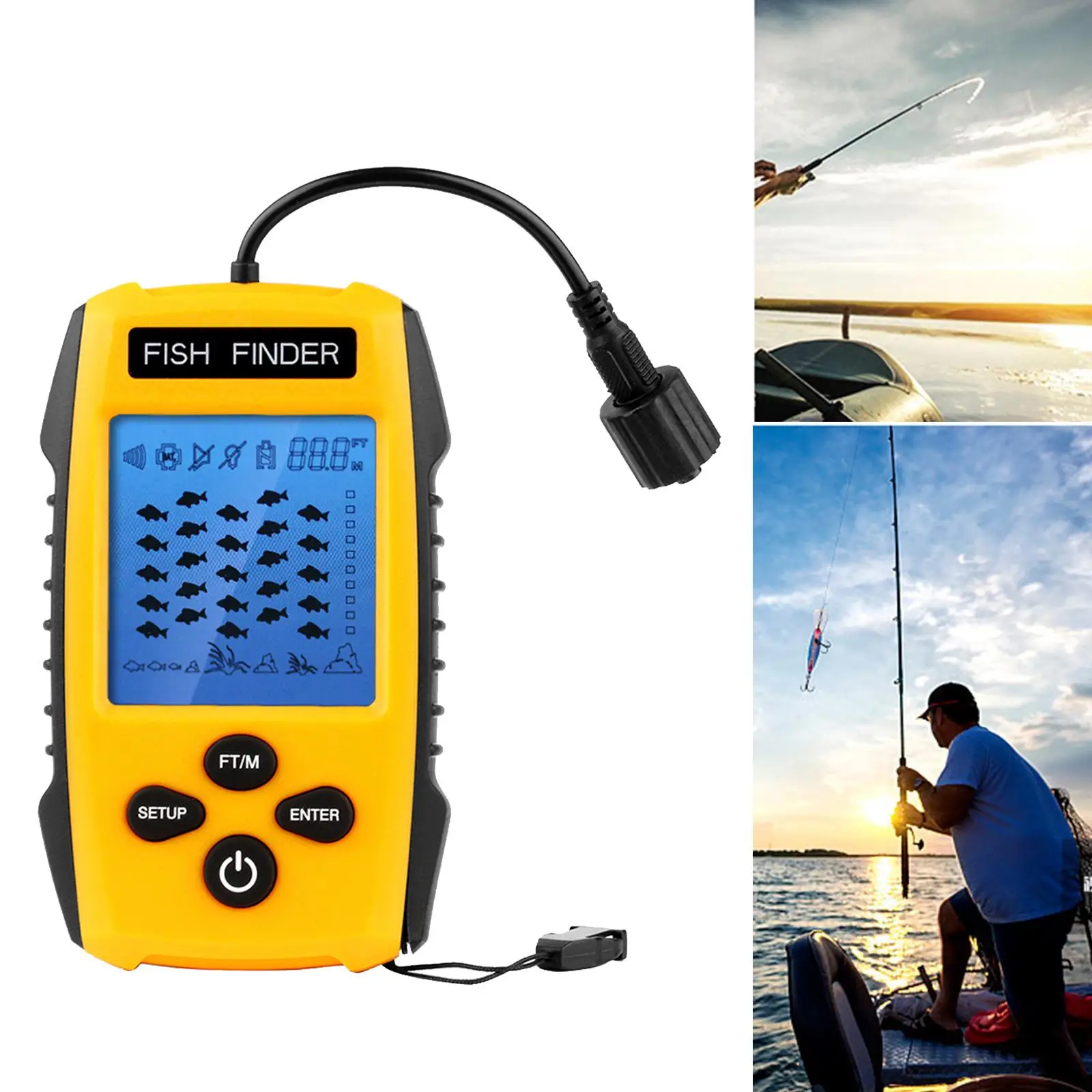 Handheld Portable Fish Ice Fishing Gear Depth with LCD Display Sonar Transducer 328ft ()