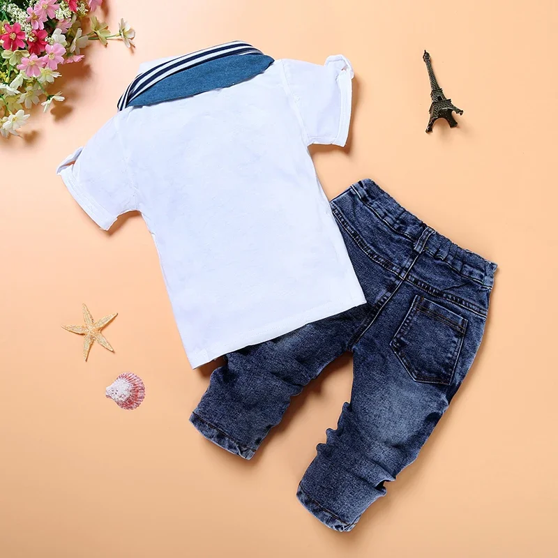 Fashion Kids Clothes Boys Outfit Set Cotton Cotton Short Sleeve O-Neck Tops+Jeans+Scarf Summer Children Boys Clothing 2-7 Years