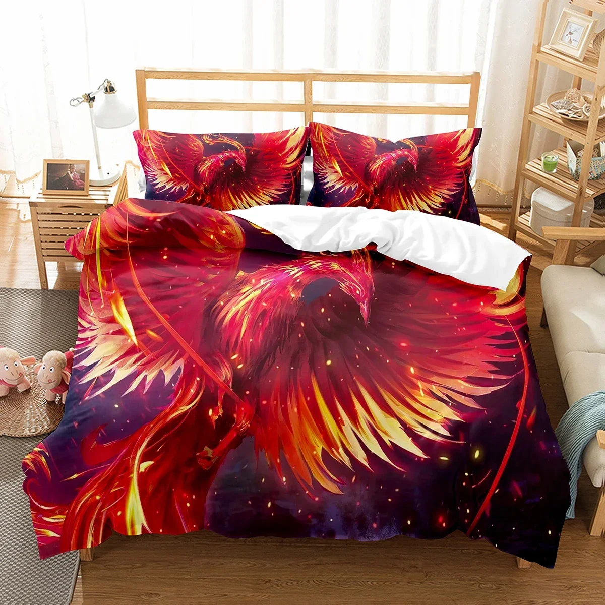 Phoenix Duvet Cover Set King Queen Size for Kids Boy Girls Bedding Set Yellow Animals Pattern Polyester Quilt Cover with Zipper