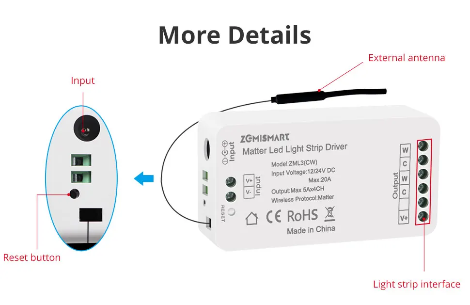 Zemismart Matter Over WiFi RGBCW CCT Led Strip Light Driver Smart Controller Wor
