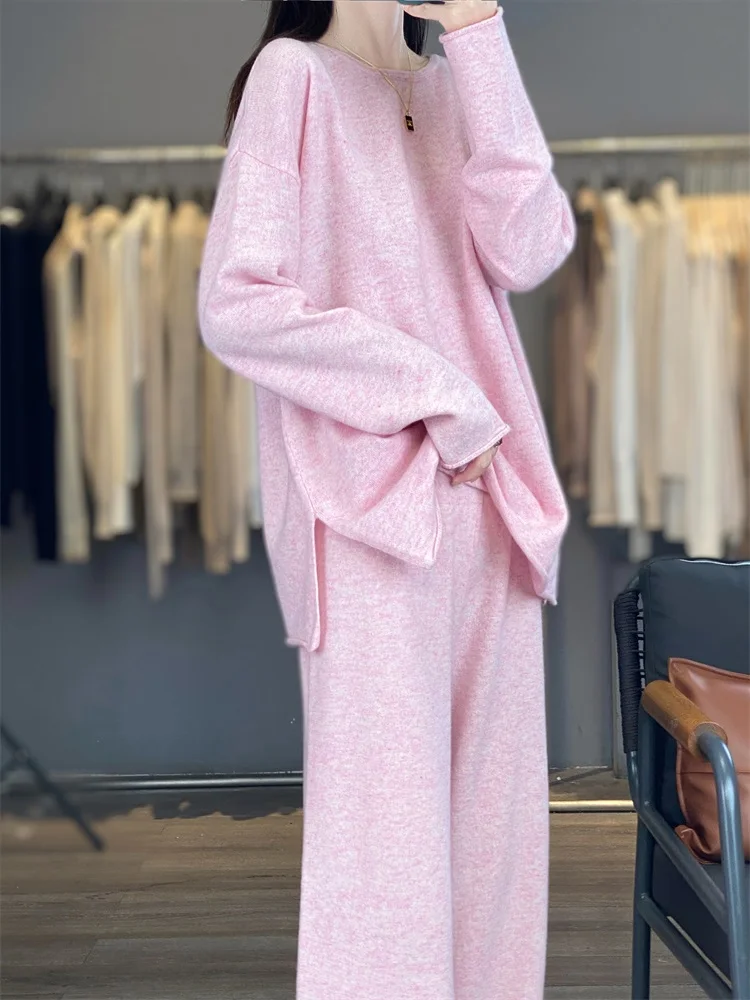 Women's matching set 100% Merino wool round neck sweater elastic waist pants two-piece set knitted casual loose women's clothing 3