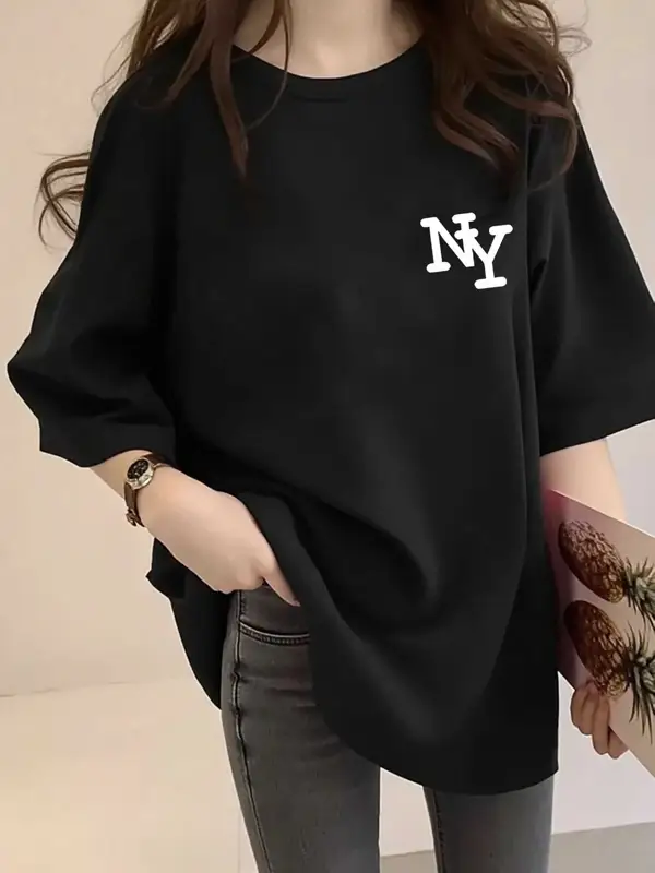 Female Elegant Women'S Loose Drop Shoulder Short Sleeve T-Shirt with Alphabet Print | Spring/Summer 2026 Casual Versatile Style - Image 7