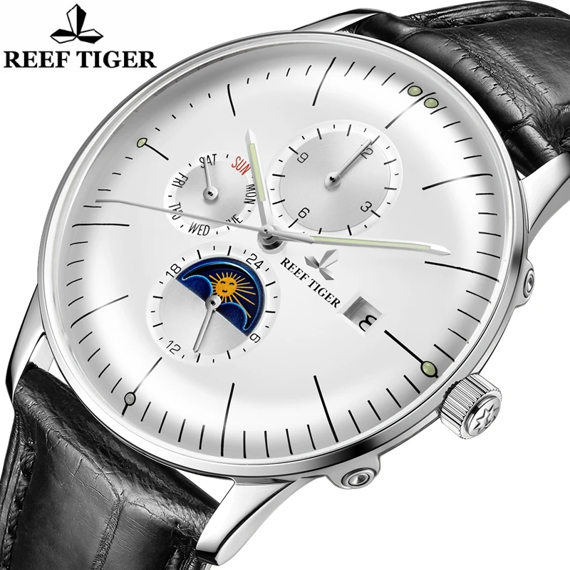 

Reef Tiger Mens Automatic Mechanical Ultrathin Wristwatch Sapphire Crystal Moon Phase Date Week Calendar Clock Relogio Masculino