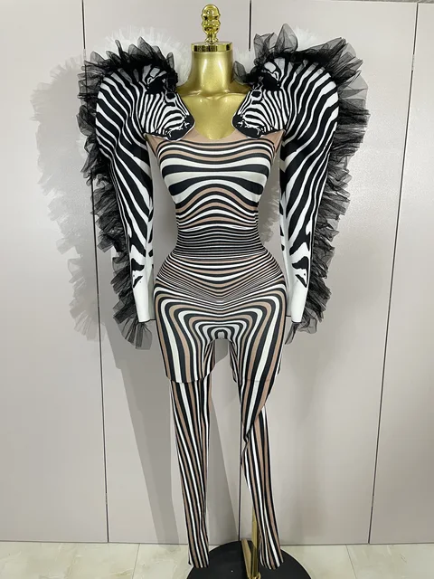 Women Zebra Stripes Long Sleeve Bodycon Jumpsuit Two Piece Set Birthday Party Nightclub Stage Performance Festival Rompers
