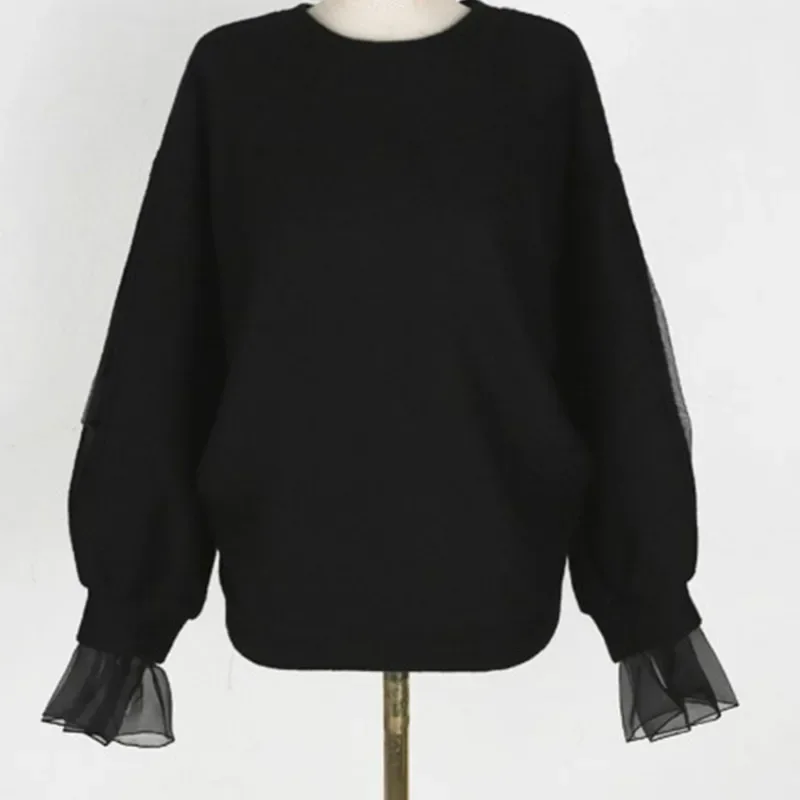 2023 Spring Women Casual Hoodie Mesh Patchwork Chic Black Hoodie Streetwear Female Fashion Korean Long Sleeve Thick Sweatshirt