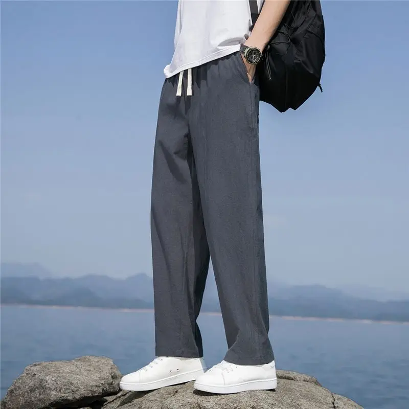 Spring Summer New Fashion Solid Color Ankle Length Pants Man Korean Style Pure Cotton Elastic Waist Pockets Straight Trousers