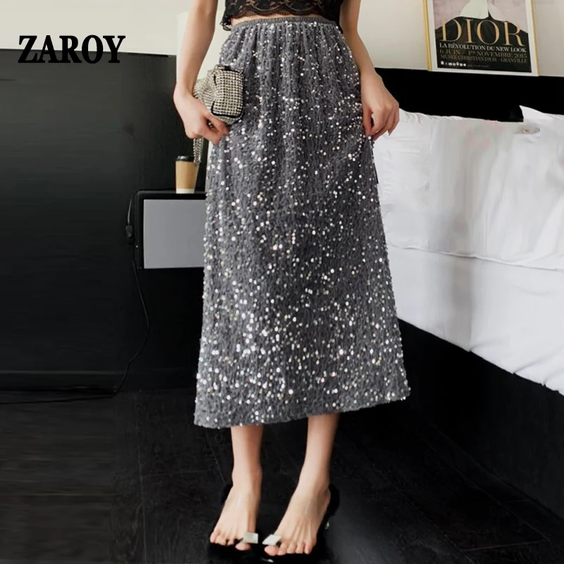 

ZAROY Women Fashion Sequins Long Skirt High Waist Loose Sparkle Glitter Party Maxi Skirt Casual Streetwear faldas para mujeres