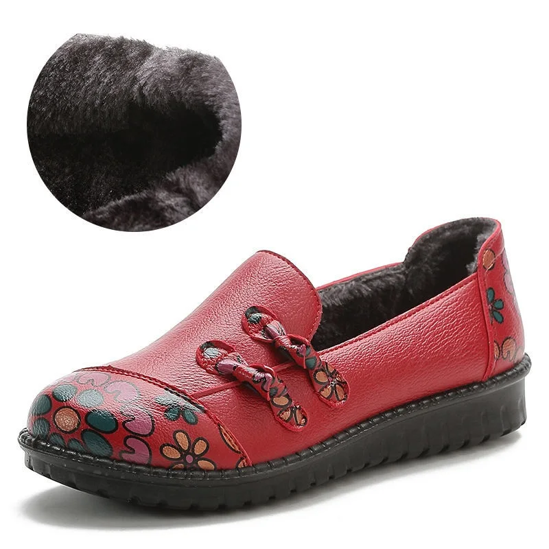 Chinese Traditional Flats Spring Leather Shoes Women's Loafers Floral Mom Fur Moccasins Ladies Woman Driving Shoes Plush Loafers