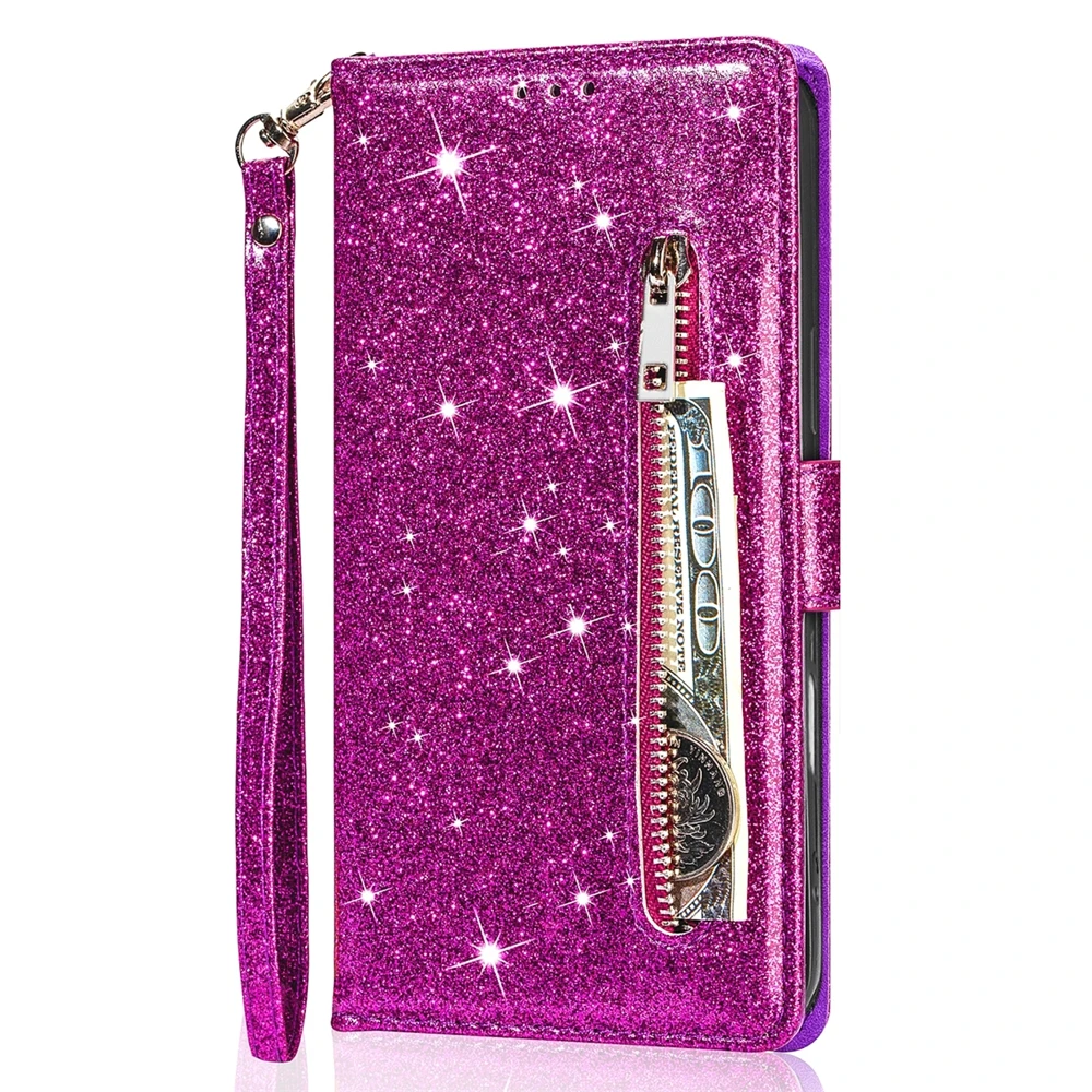 Glitter Wrist Strap Leather Flip Kickstand Wallet Phone Case with Card Holder