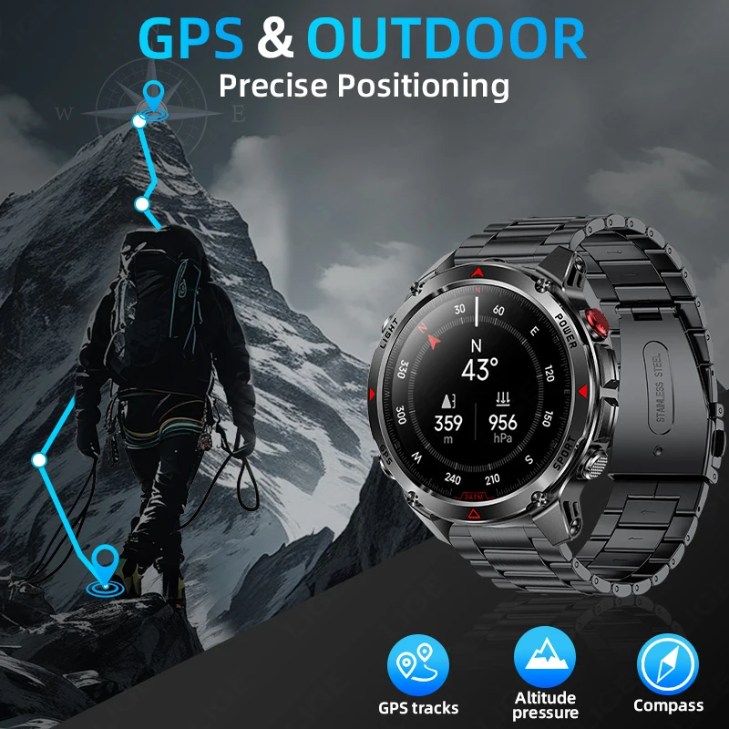 LIGE LED Outdoor Military GPS Smart Watch Men 1.46" AMOLED Compass Altimeter BT Call 3ATM Waterproof Clock Sports Smartwatch New