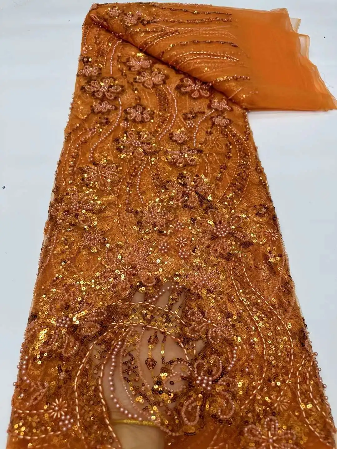 

Роскошный африканский тюль с бусинами, кружевная ткань 2024, нигерийская кружевная ткань ручной работы с тяжелыми блестками и жемчужинами для свадебных платьев