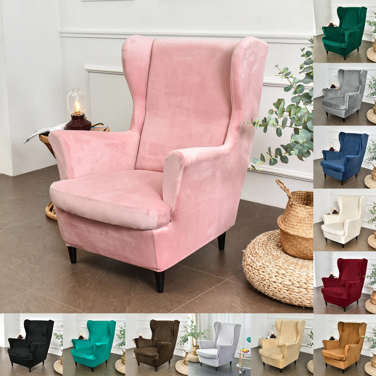 StretchSpandexArmchairCoversVelvetWingChairCoverRemovableWingbackSofaCoverswithSeat