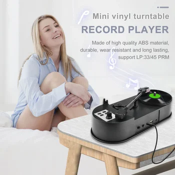 Portable Phonograph 33/45RPM Turntable Player Converter Save Vinyl Music Records to MP3 TF Card/USB Built in Speaker No Need PC
