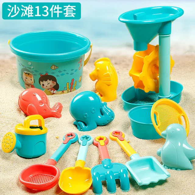 Sand Doll Silicone Bucket, Shovel, 4 Molds, Beach Bag For Toddlers, Kids - Blue Sand Toys Aqua Play
