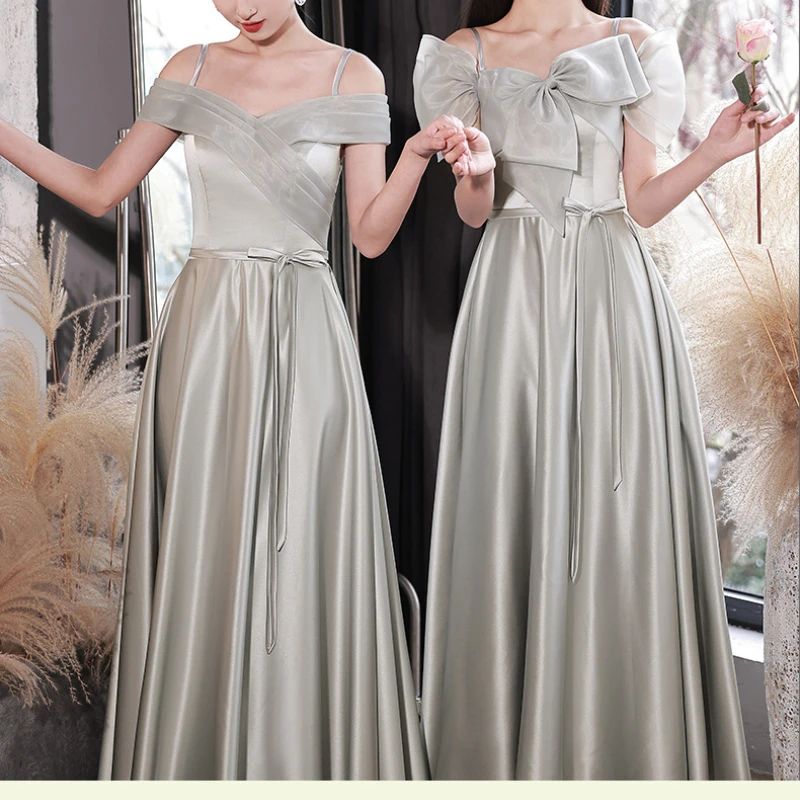 French Simple Halter Strapless Wedding Party Dress Solid Elegant Temperament Cross Lace Up Vestidos Satin Bow Bridesmaid Dresses