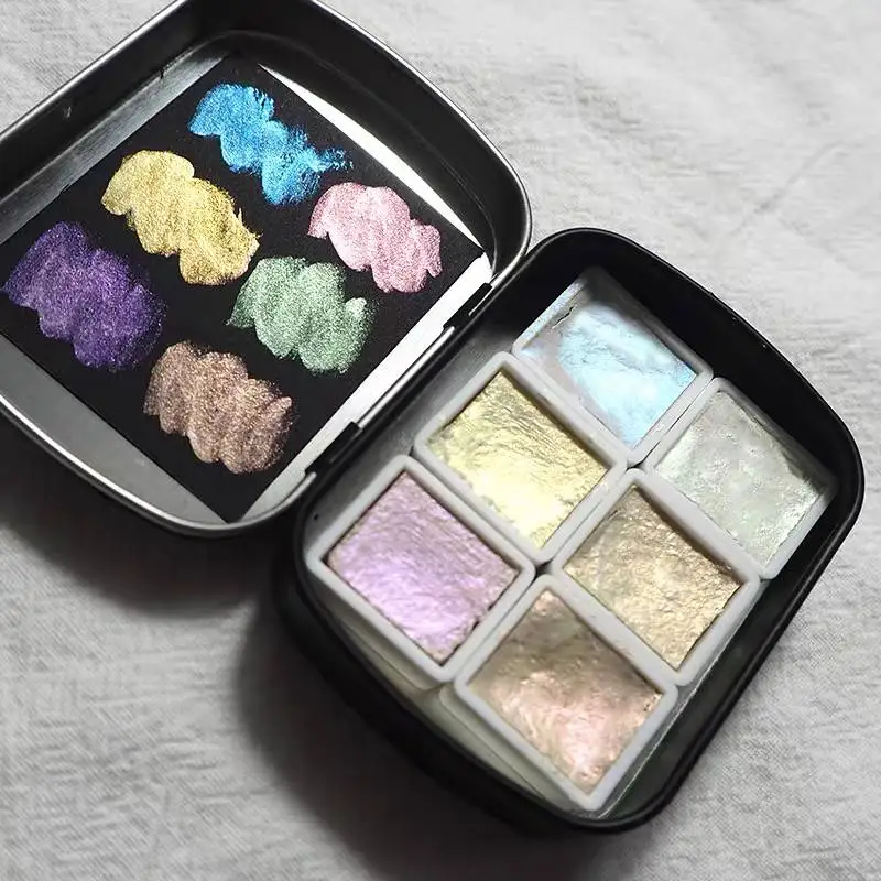 POEZIE 6 Colors Solid Metallic Watercolor Paint Set 2ml Glitter Water Color With Tin Box For Painting Aquarela Art Supplies