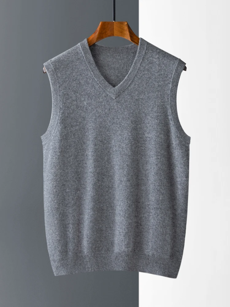 High Quality Men Autumn Winter Sweater 100% Cashmere Sleeveless Soft Wam Basic  V-neck Pullover Knitwear Clothing Tops