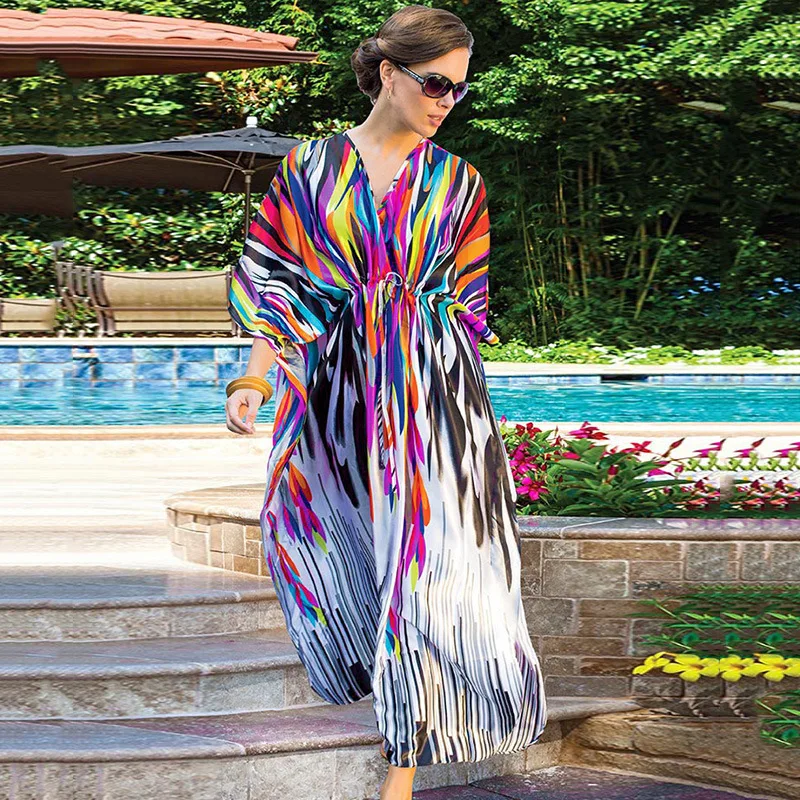 

Beach Kaftans for Women Rainbow Butterfly Printed Swimsuit Cover Ups Maxi Dresses Elegant Holiday Beachwear Bathing Suits