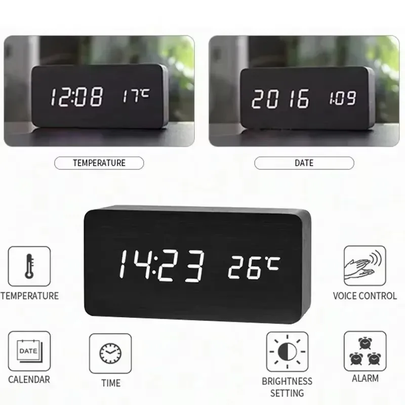 Wooden Digital Alarm Clock LED Alarm Clock With Temperature Desk Decorating Bedroom Decoration Table Decorations Electronics 4