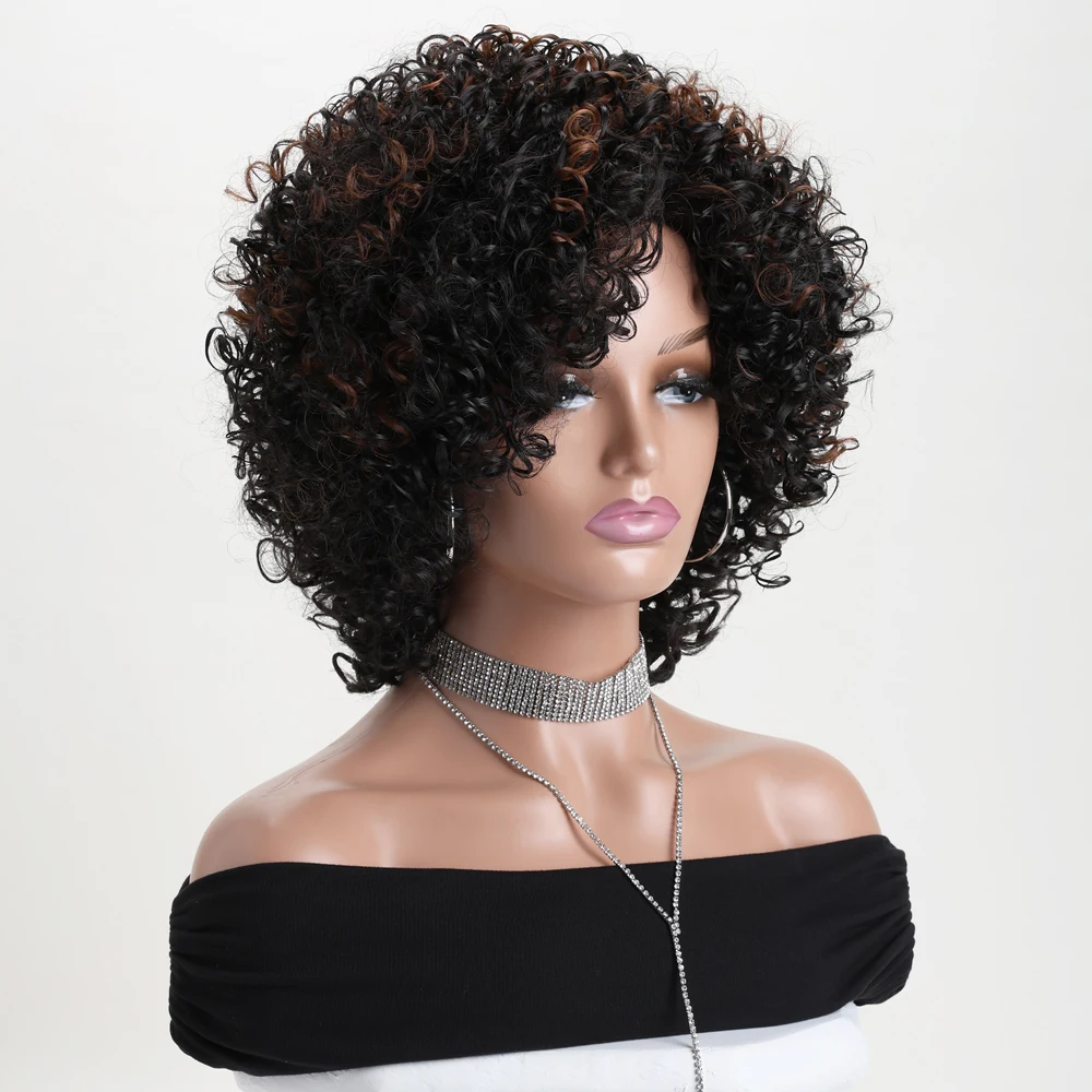 Natürliche synthetische kurze lockige schwarze Perücken für schwarze Damen, 12-Zoll-Perücke, tägliche Party, Halloween, hitzebeständiges Haar – Detail 12