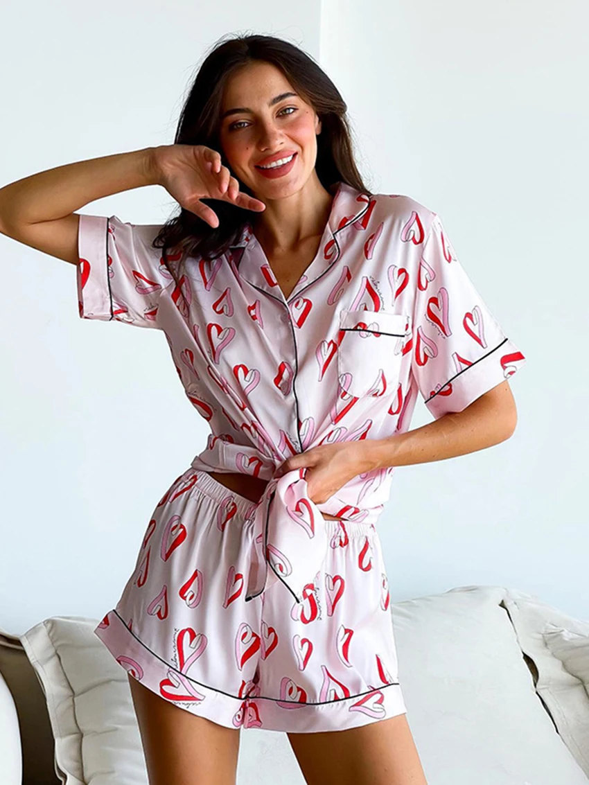 Marthaqiqi Causal Women Nightgowns Set Sexy Turn-Down Collar Sleepwear Short Sleeve Nightwear Shorts Printing Ladies Pajama Suit