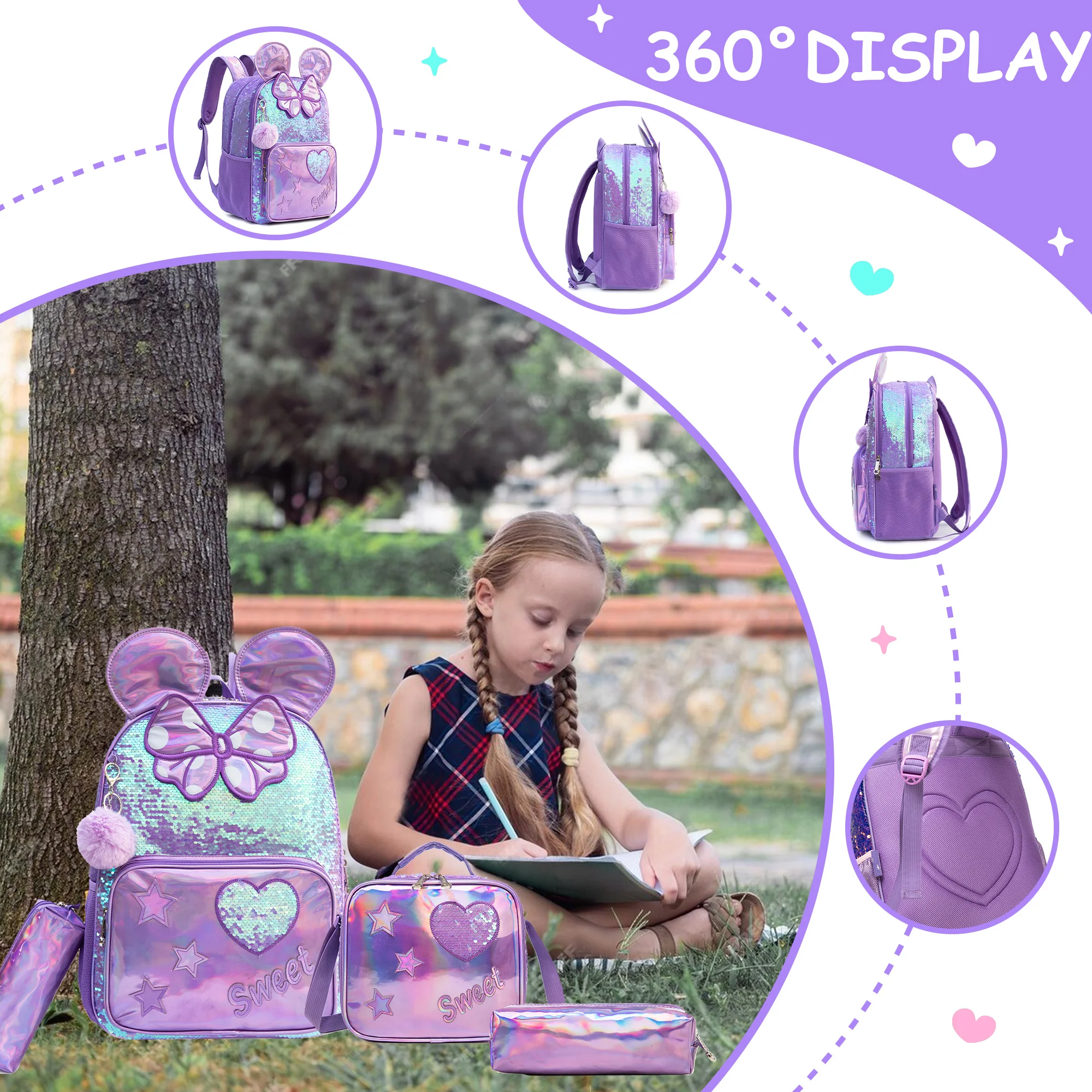 Backpack for Girls 16" Backpacks for Girls for School Sequin Backpack with Lunch Box for Elementary Students - 5
