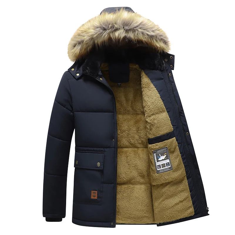 

2023 New Black Mid-length Plus Velvet Thick Cotton-padded Jacket Winter Hooded Parka Hat Removable Coat Men Jaqueta Masculina