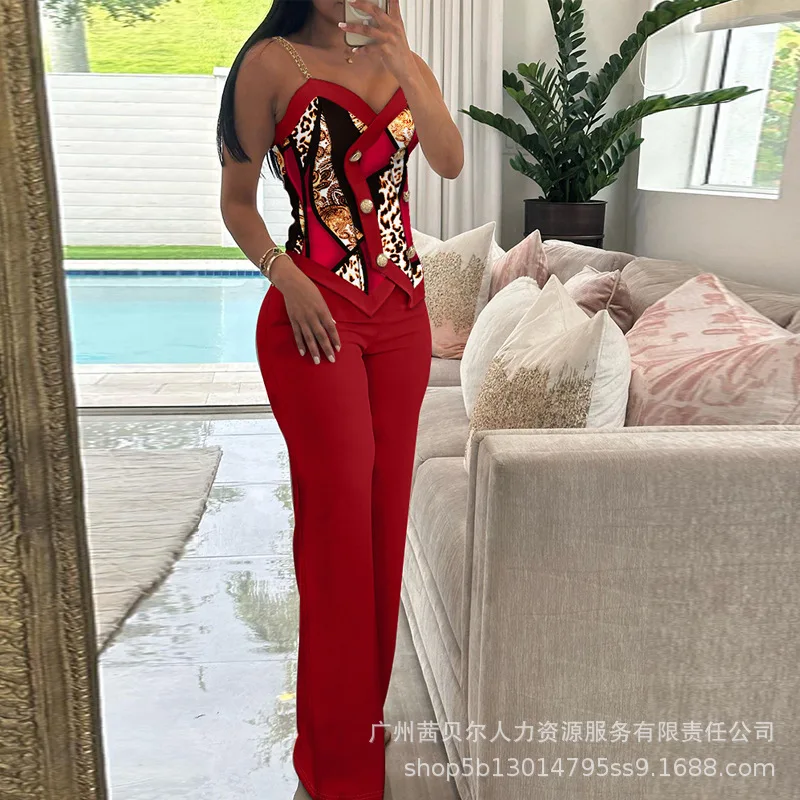 Spring Summer Sleeveless Suit Fashion Print Two Piece Sets Women Sexy V-neck Button Metal Sling Top & Wide Leg Pants Outfits