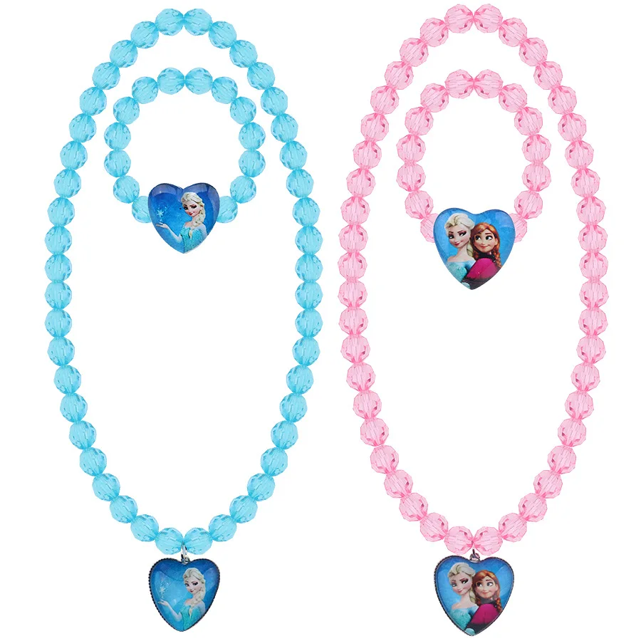 Disney Cartoon Frozen Princess Elsa Children'S Necklace Bracelet Set Toys Dolls Anime Anna Girls Accessories Heart Shaped Gift