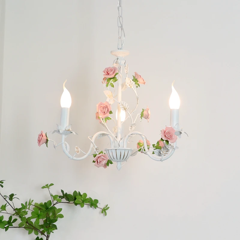 Rural Bedroom Chandelier French Living Room Children's Room Iron Flowers Plants Warm American Retro Fresh Ceramic Pendant Lamps 3