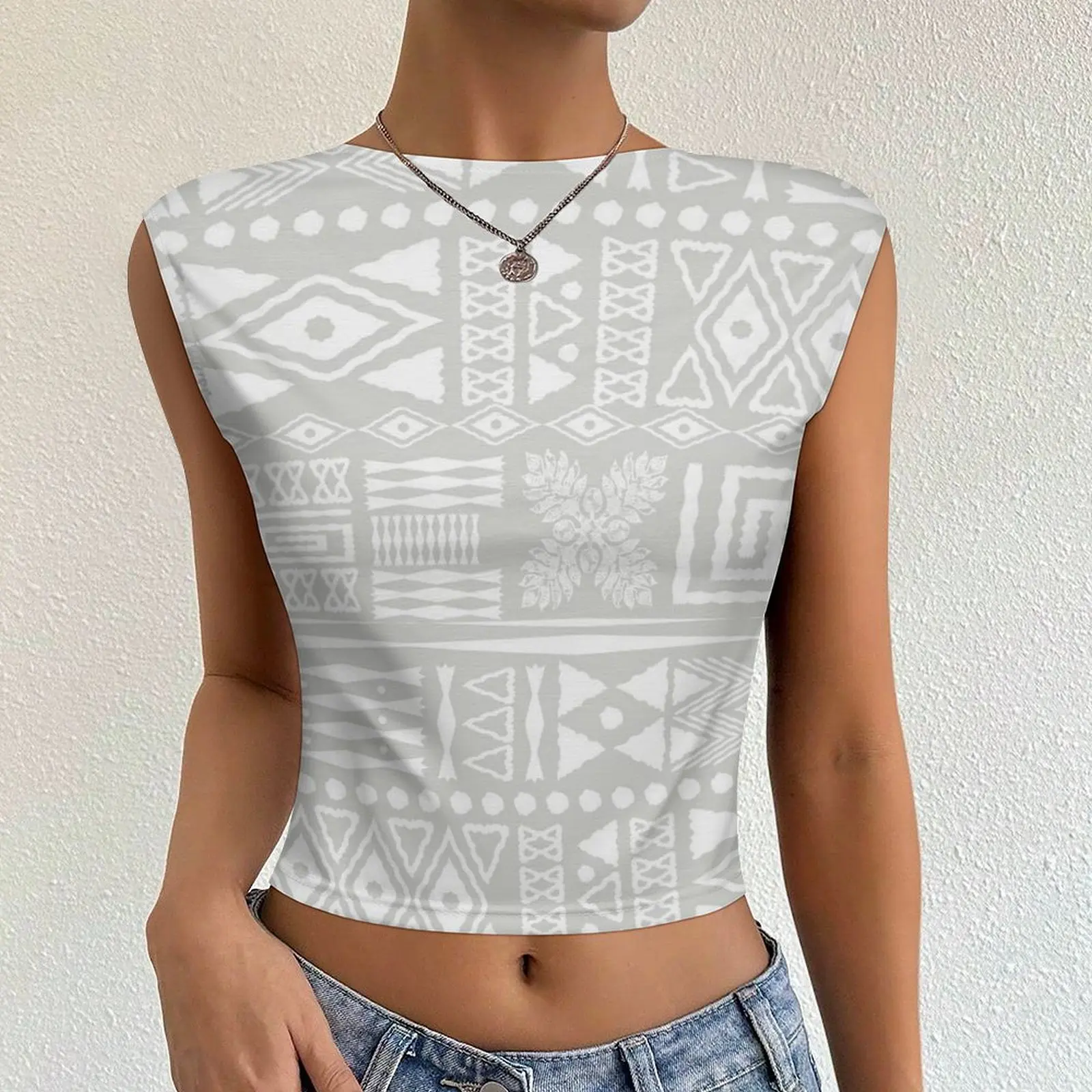 Tribal Style Sleeveless Backless Hot Girls Crop Tops Custom African Cave Pattern Print Samoan Tapa Siapo Elei Womens T-shirt POD 4