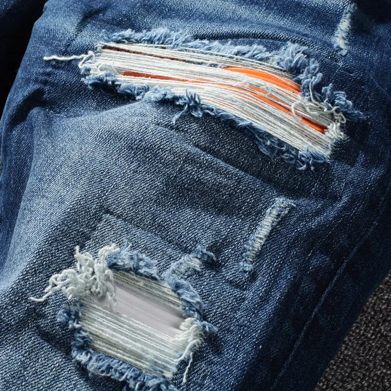 Street Fashion Men Jeans Retro Dark Blue Stretch Skinny Fit Ripped Jeans Men Orange Leather Patched Designer Hip Hop Brand Pants