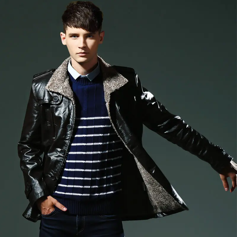 thumbnail image 1 of Chaqueta de cuero PU con cuello de piel gruesa de terciopelo sólido para hombre de otoño e invierno, chaqueta de cuero de talla grande, abrigo de motocicleta, ropa de motorista para hombre, 1 of 5