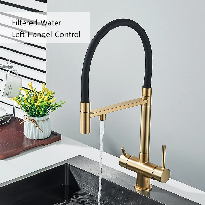 Description Picture 4 of itemPured Water Kitchen Faucet Dual Handle Deck Mount Brass Taps Filtered Water Mixer Tap 360 Rotate Pull Down Flexible Pipe Mixers