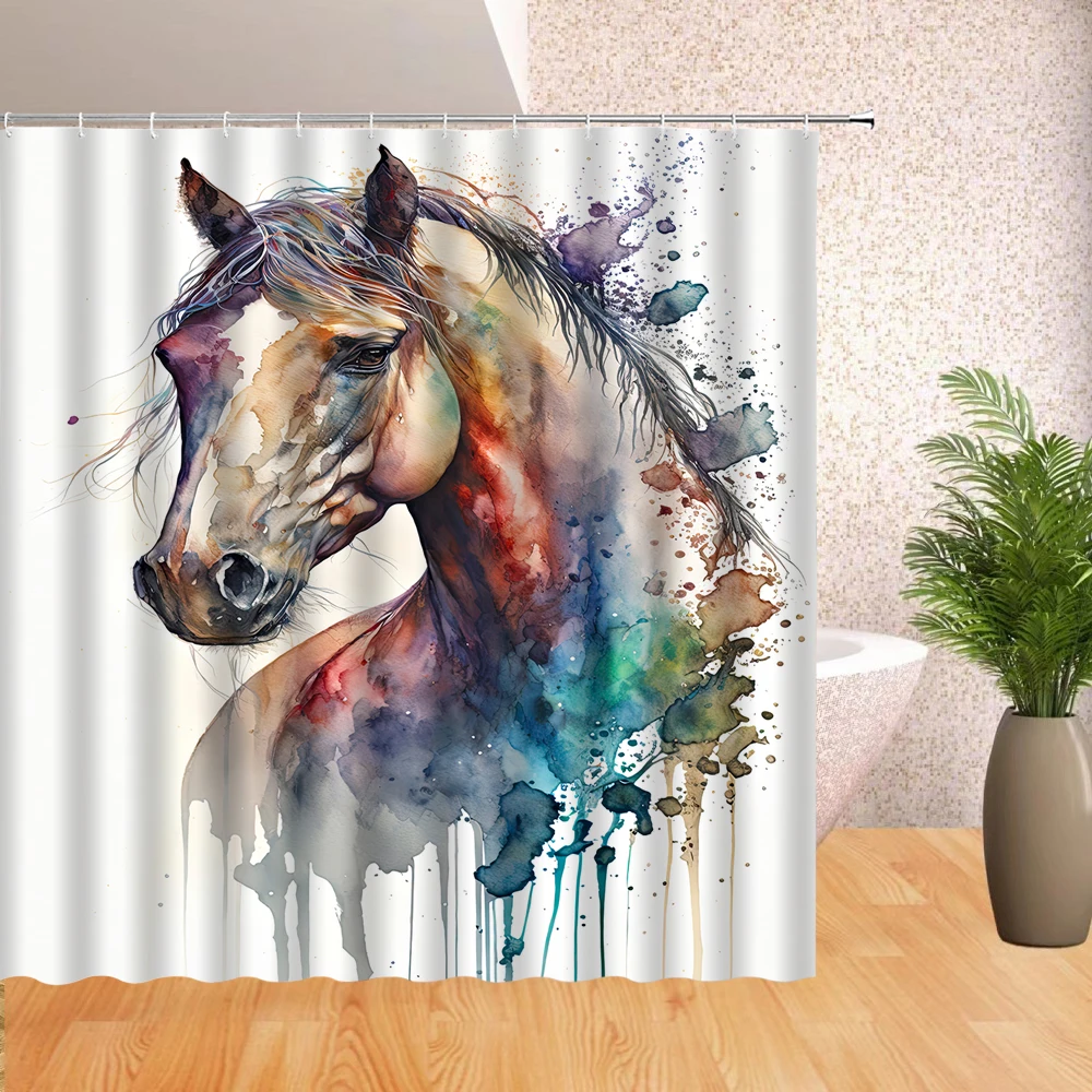 

Watercolor Horse Shower Curtain Fantasy Fairy tale Animal Forest Abstract art Bathroom Waterproof Decorative Shower Curtain
