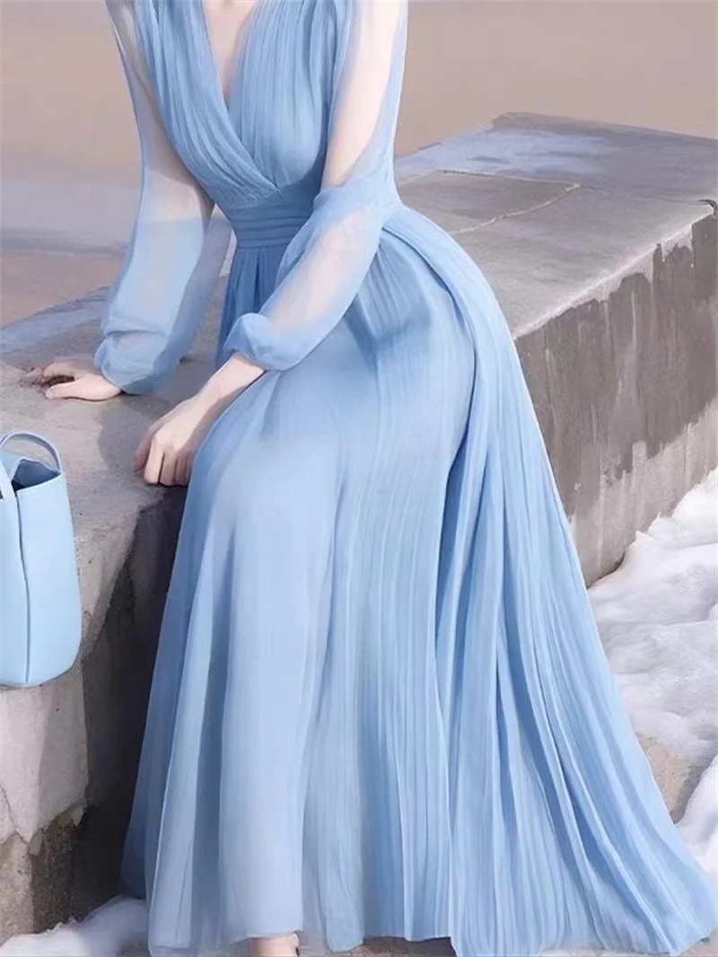 Elegant V-Neck Solid Color Loose Ruffles Long Dress Women's Clothing 2026 Summer New Long Sleeves Blue Chiffon Lady Party Dress