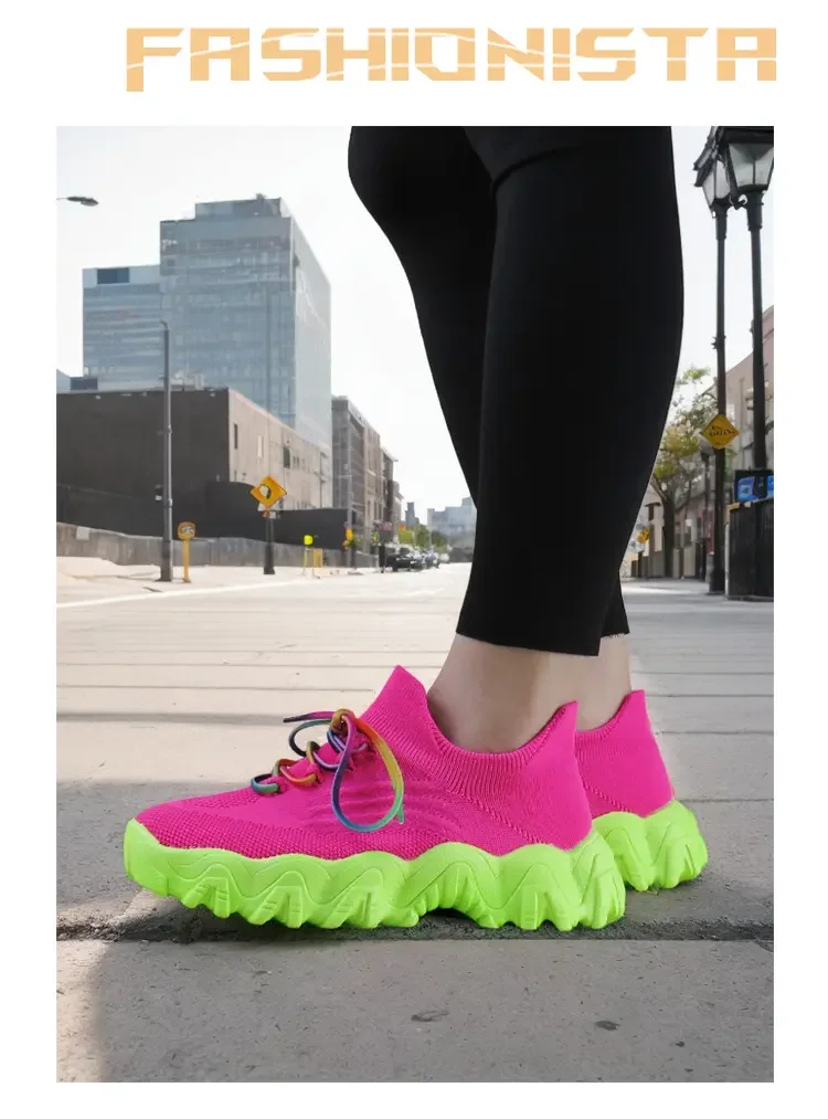 Spring Pink Casual Shoes Breathable Mesh Sports Sneakers Women Lace Up Ladies Comfort New Fashion Non-slip Sock Sneakers