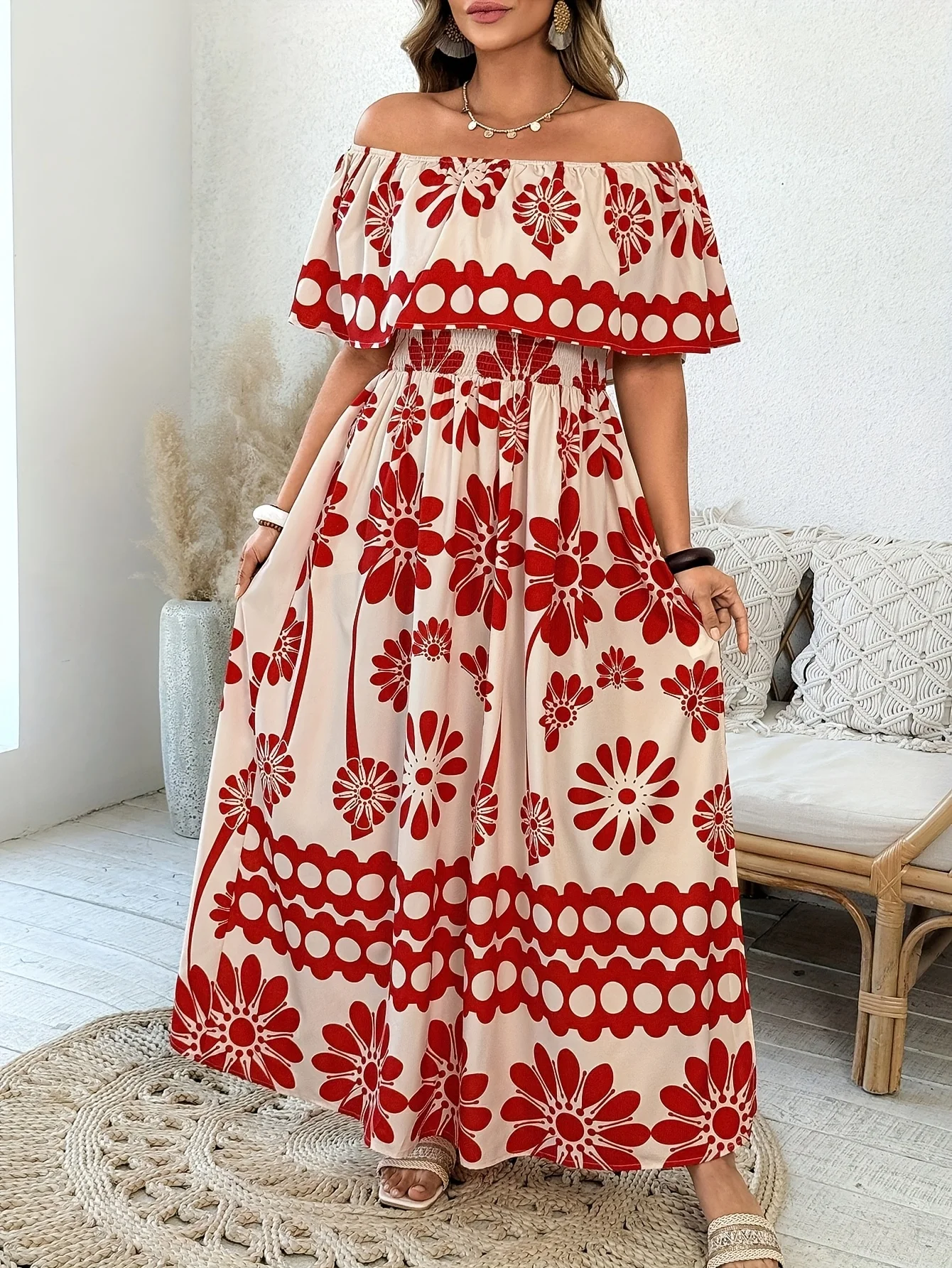 Schulterfreies Damenkleid in Übergröße, romantisches Date-Abendkleid, elegantes, bedrucktes Kleid im Urlaubsstil mit Rundhalsausschnitt