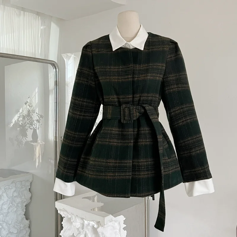 Shirt Collar Fake Two Pieces Green Plaid Woolen Coat with Belt Cotton Lining Warm Autumn Winter Fashion Casual Loose Women Coat