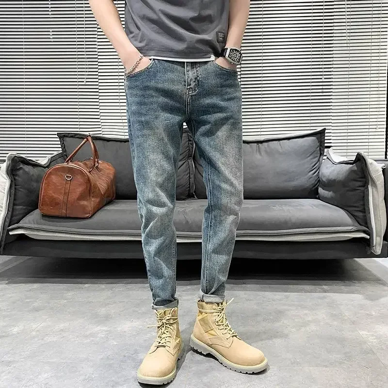 

Trousers Blue Cropped Skinny Jeans for Men Male Cowboy Pants Slim Fit Tight Pipe High Quality Goth Loose Grunge Y2k Trend 2023