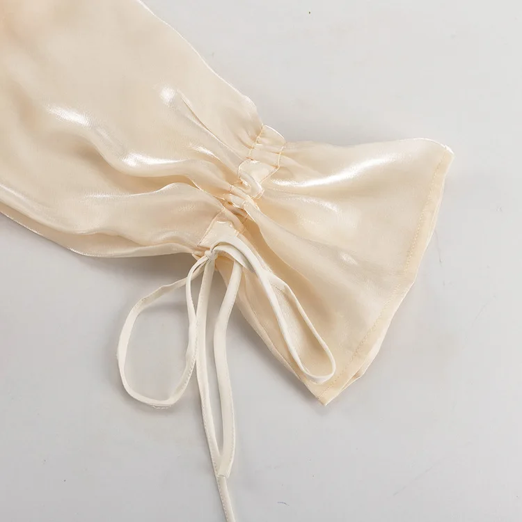 Blusa informal holgada transparente con solapa y manga larga con cordones para mujer, ropa de verano 2025, con parches lisos