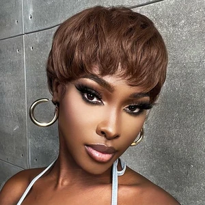 Chocolate Brown Short Pixie Cut Wig Human Hair For Black Women Machine Made Wigs With Bangs Glueless Wig Human Hair Wigs