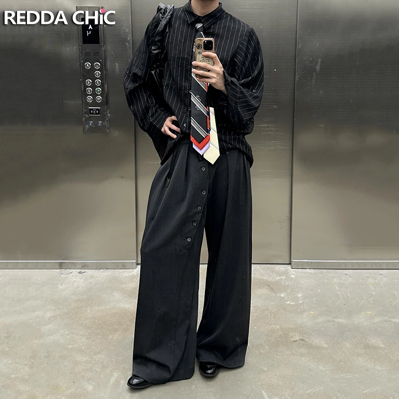 REDDACHiC Men Buttoned Pleated Front Suit Trousers Cleanfit Black Elastic Waist Wide Leg Dress Pants Office Work Casual Clothes