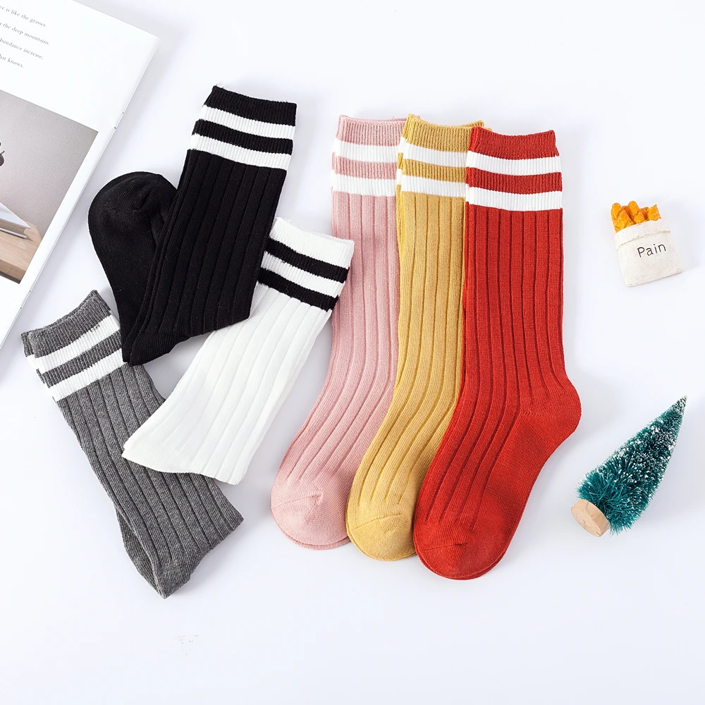 2024 New Kids Knee High Long Socks Autumn Winter Warmth Soft Cotton Children School Stocking Black White Stripes Sports Socks