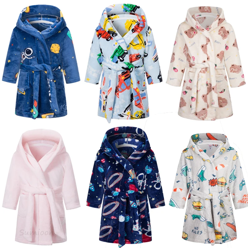 Cartoon Bathrobe For Children Flannel Long Sleeve Hooded Kids Clothes Boys Robe Spring Autumn Winter Baby Bathrobe 2-12 Years