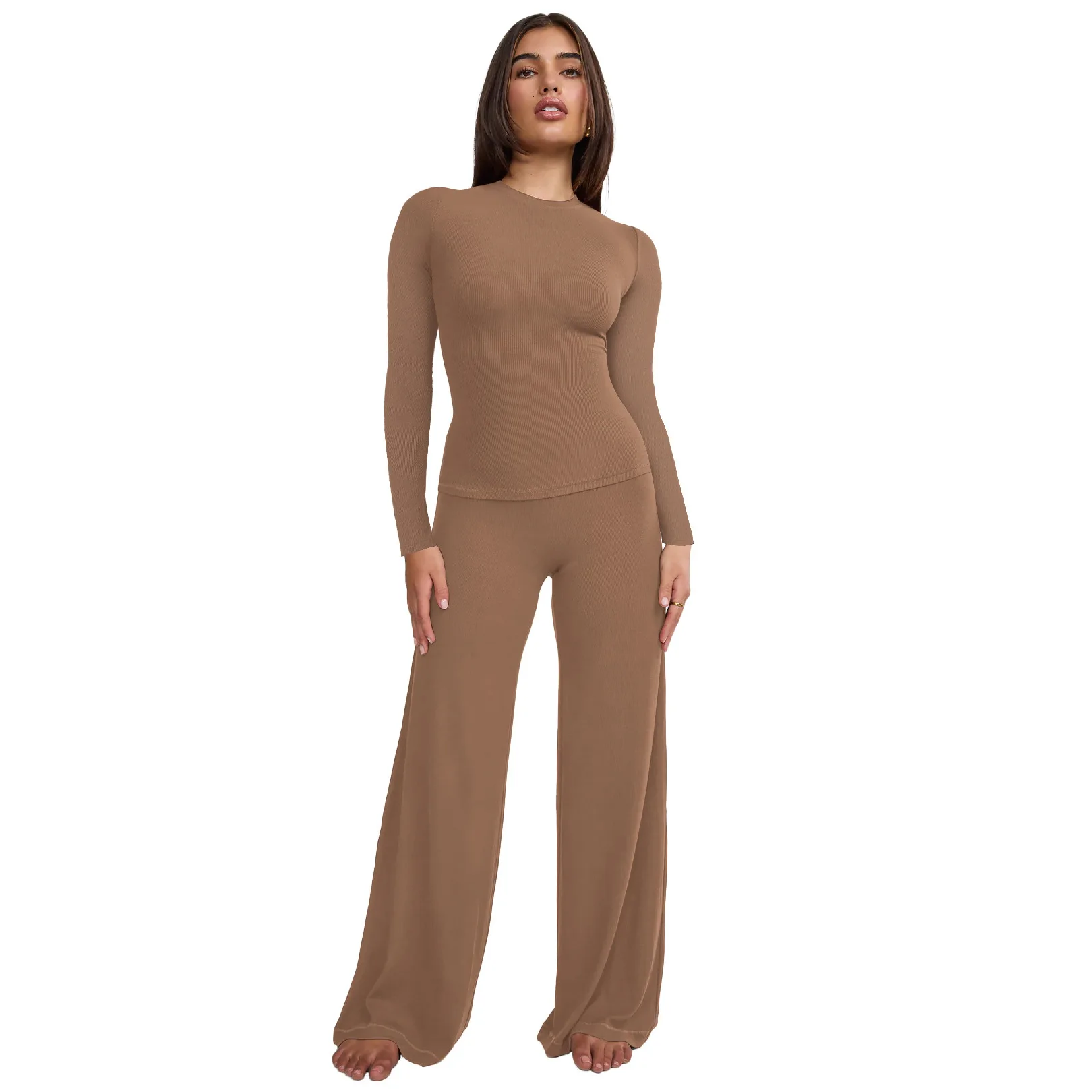 

Casual Women Knitted Pants Set Female 2PCS Outfits Girl's Long Sleeve Tops Wide Leg Pants Suit Lady's Two Piece Sets