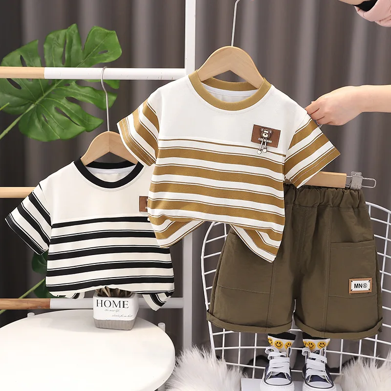 

Summer summer new baby cute baby treasure stripes stereoscopic bear head shorts set boys short sleeve suit