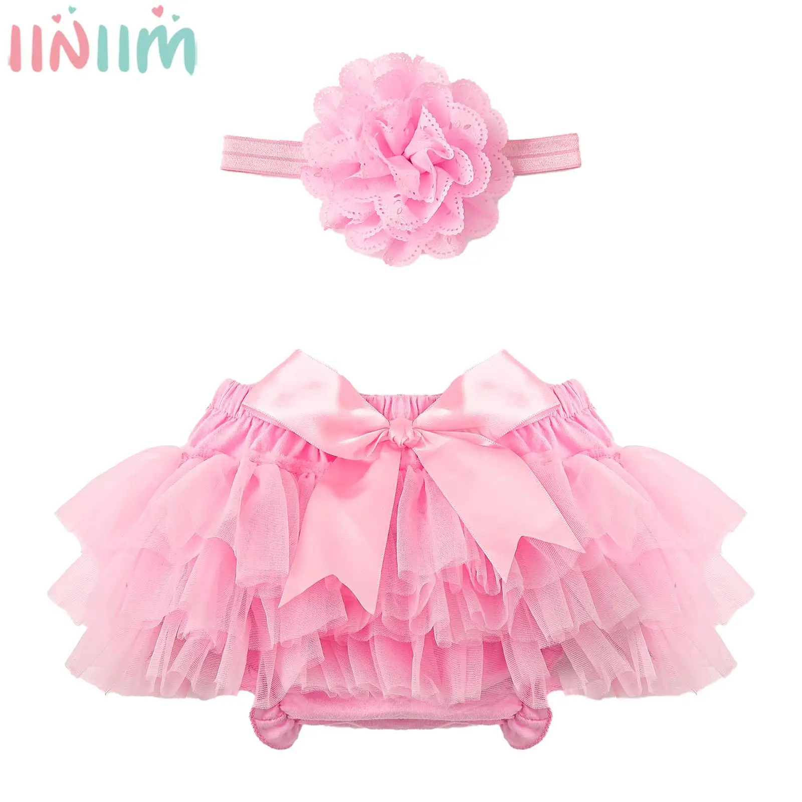 

Baby Girls Cute Ruffle Tutu Briefs Bowknot Tiered Bloomers Diaper Cover with Headband for Birthday Wedding Party Photography