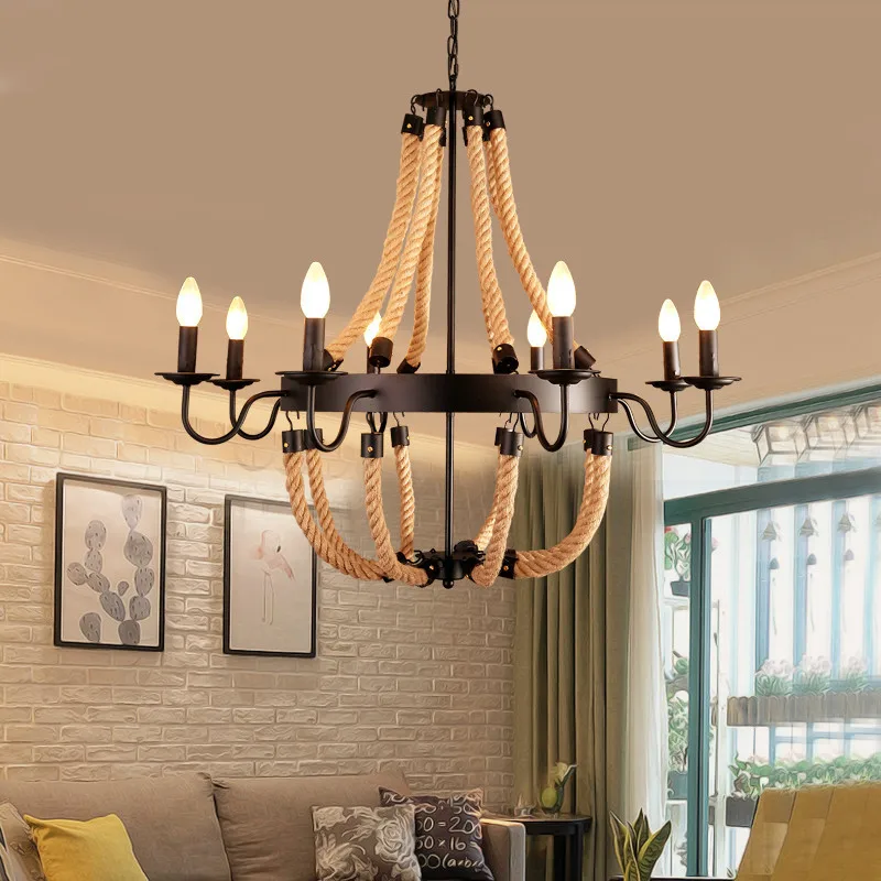 

Black Vintage Loft Industrial Personality Chandelier Hemp rope lamp cord Bar Coffee wrought iron chandelier lamps and lanterns